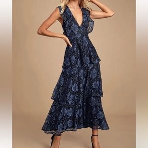 Molinetto Navy Blue Lace Ruffled Tiered Sleeveless Maxi Dress